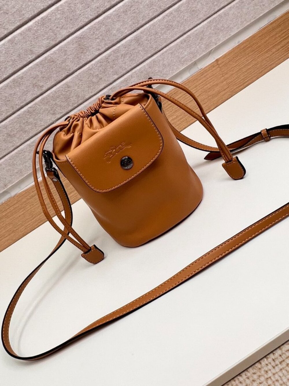 Longchamp Mini Leather Bucket Bag Tan Crossbody